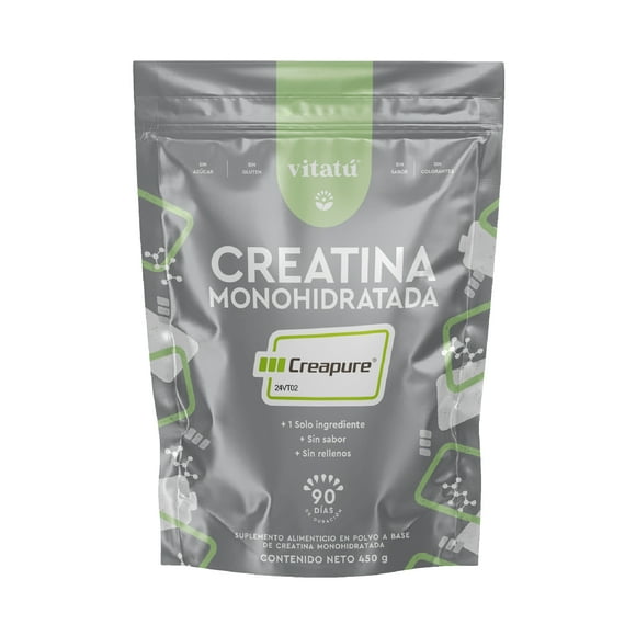 Vitatú | Creatina Monohidratada Creapure, 100% Pura, Vegana, Sin Sabor, 90 porciones de 5 g en polvo, Sin Olor, Pre workout, Pre Entreno, 450 g, Suplemento Alimenticio