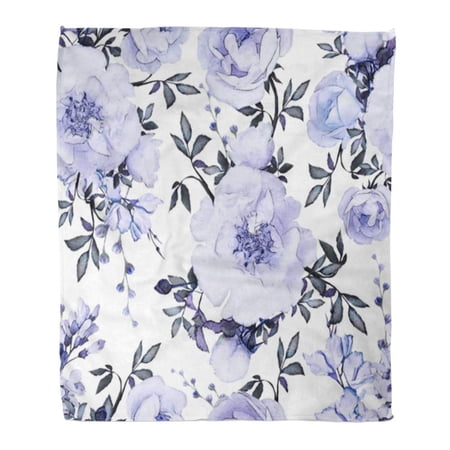 SIDONKU Throw Blanket Warm Cozy Print Flannel Blue Flowers and Leaves on White Watercolor Floral Rose in Pastel Color Comfortable Soft for Bed Sofa and Couch 50x60 Inches