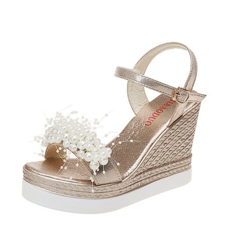 

NECHOLOGY Size 11 Sandals Women Platform Pearl Spring Shoes Fashion High Buckle And High Heel Thong Sandals for Women Gold 8.5