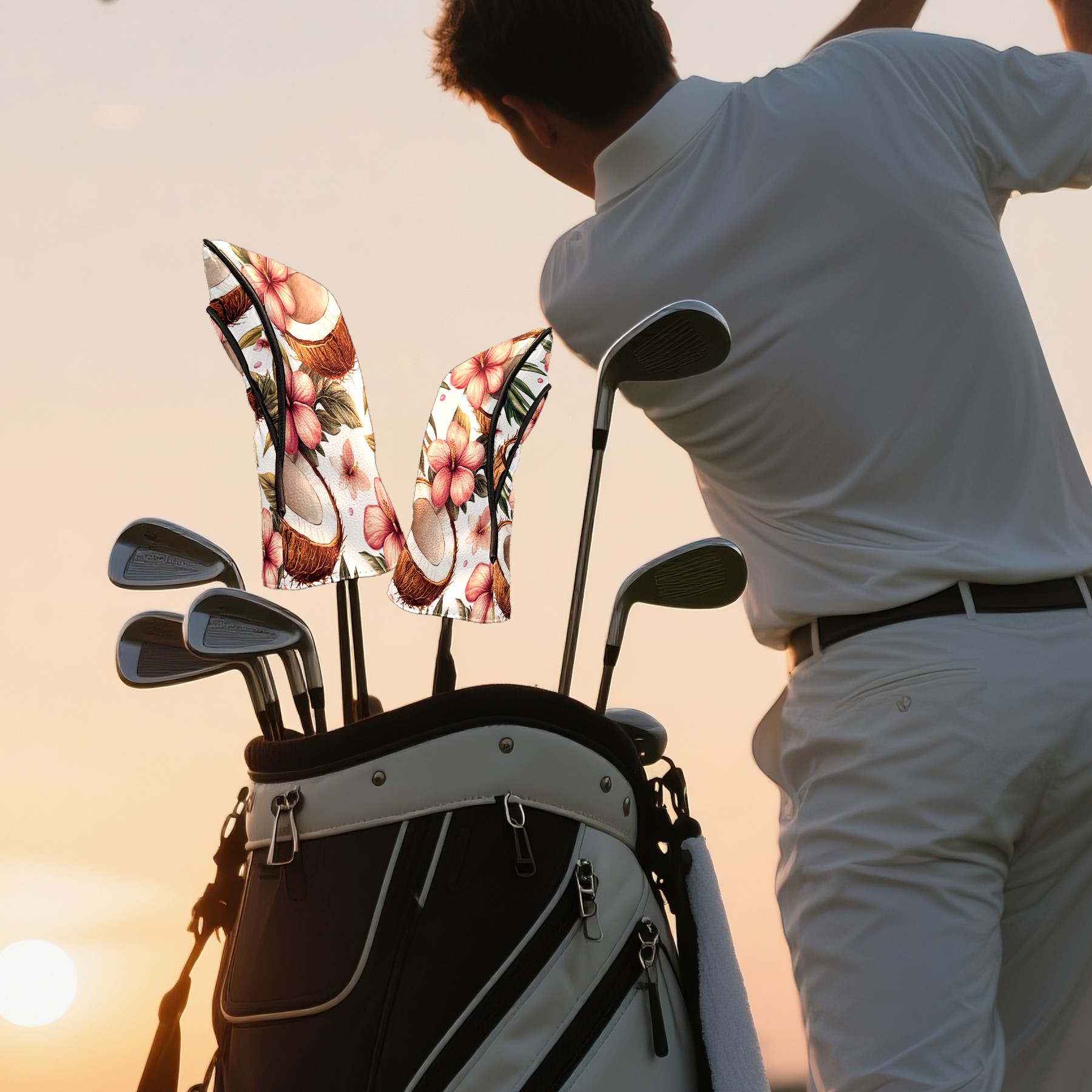 Golf Club Covers PU Leather Waterproof Head Covers for Fairway Woods Hybrids Coconut Flowers