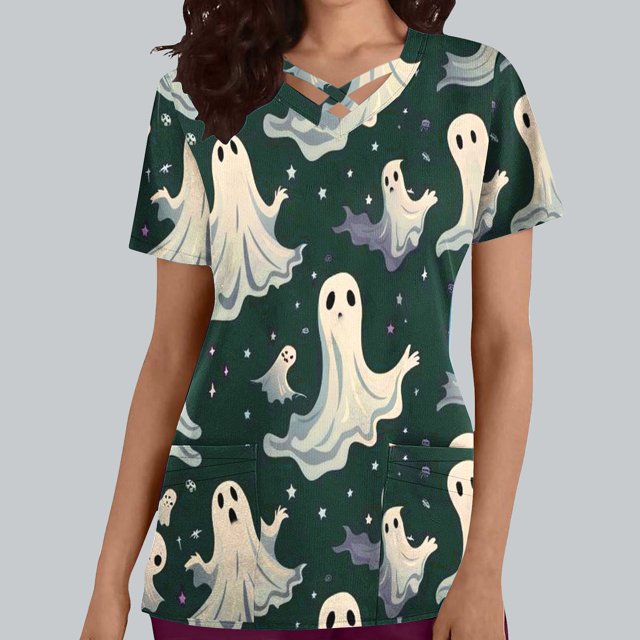 FcBaudy Hauts pour Femmes, Blouses & Chemises à Manches Courtes Col en V Mode Décontractée d'Halloween Imprimé Manches Courtes Col en V Poche Blouse d'Infirmière Polyester pour Femmes