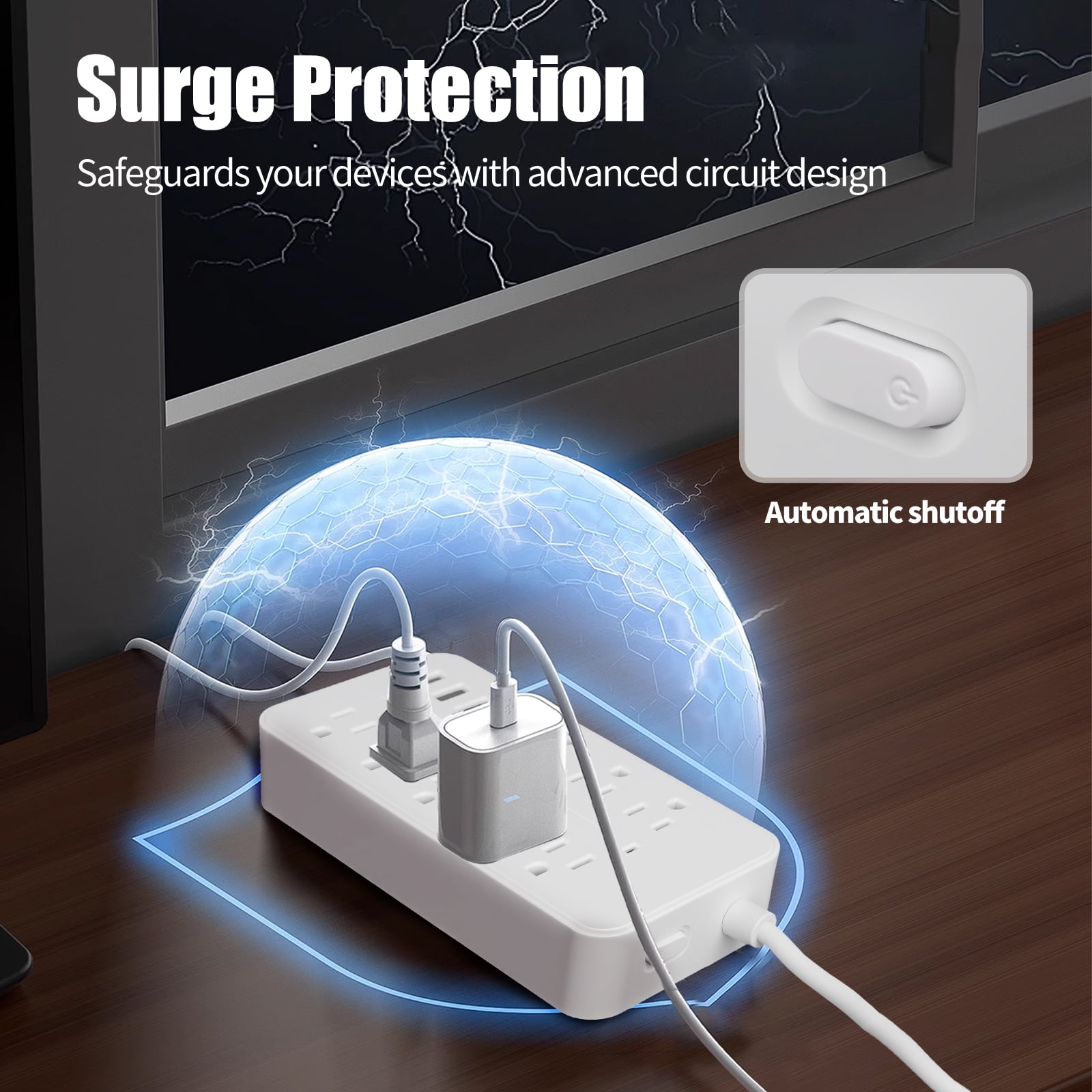 8-Outlet Surge Protector Power Strip with 3 USB (1 USB-C), 4ft Flat Plug, 1250W/1700J, Switch for Office/Dorm, White
