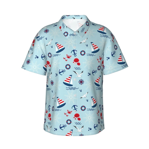 Balery Sailboats Anchors Camisas hawaianas de manga corta para hombre, camisas playeras de corte holgado, camisas de vacaciones con botones,Large