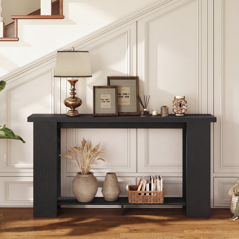 HOQBN Farmhouse Console Table, 63" Narrow Entryway Table with Thickened Tabletop for Living Room, Hallway, Distressed Black
