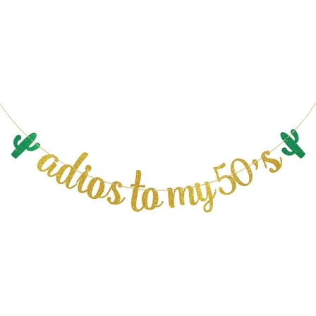 Adios to My 50's Banner - Mexican Gold Glitter 59th,60th Birthday Party Decoration for Women, Men - Mexican Fiesta Theme Birthday Party Supplies