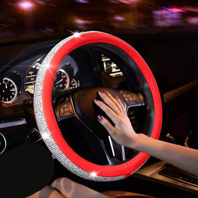 Funda de cuero para volante con cristales de imitación, ajuste universal de 15" para mujeres y niñas (rojo w