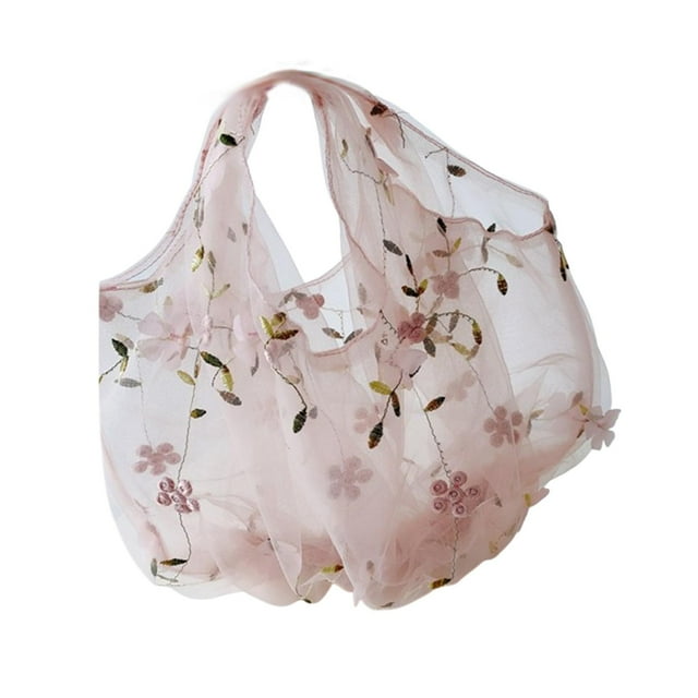 Bolso de mano con bordado de flores y asas, ideal para ir de compras, picnic o vacaciones. Rosa