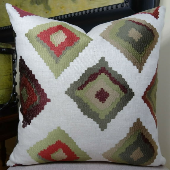 Thomas Collection Burgundy Olive Embroidered Linen Geometric Pillow - 11161