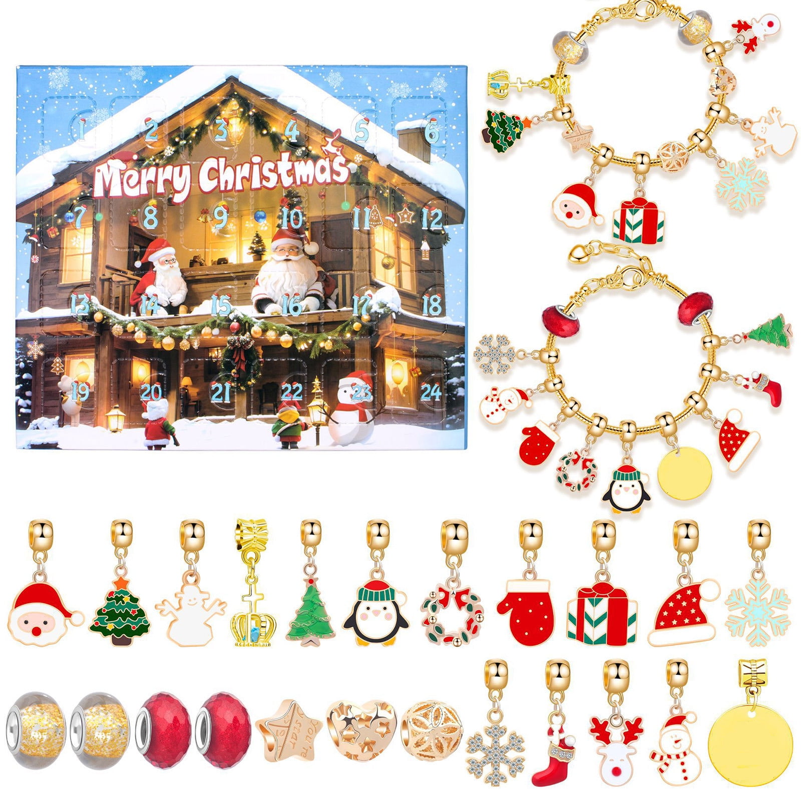 24 Bracelets Calendrier Avent Noël DIY - 22 Perles Charme + 2 Bracelets Rose Vert Fabrication