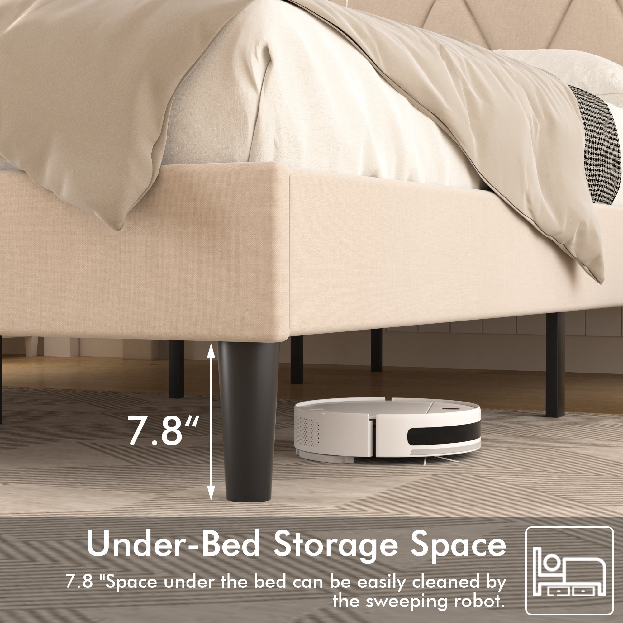 VECELO Upholstered Queen Bed Frame with Headboard Adjustable, Velvet Platform Bed with LED Lights, Charging Station, Mattress Foundation with Wooden Slats, Noise Free, No Box Spring Needed, Beige