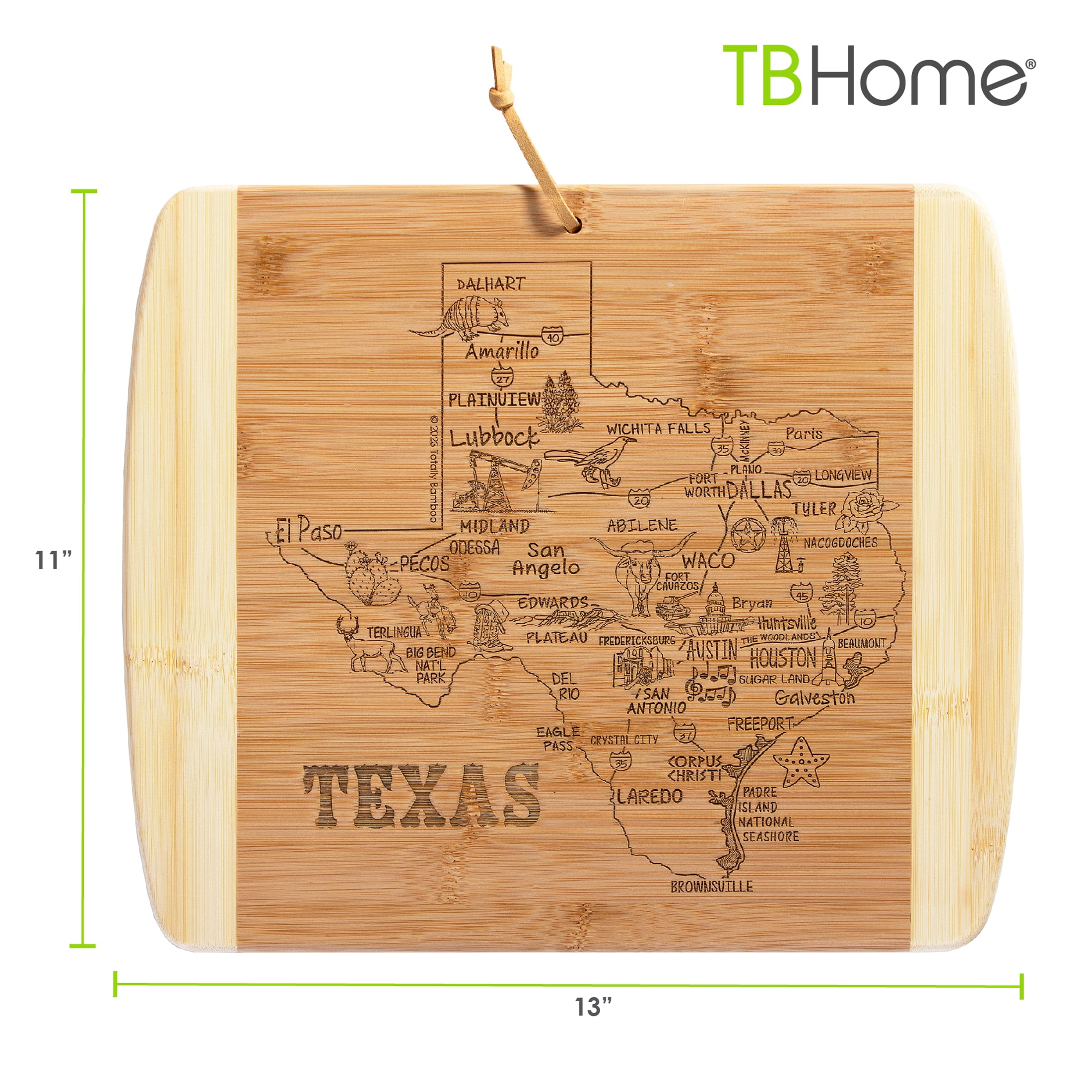 (2 pack) TB Home Texas State Bamboo Wood Cutting Board and Charcuterie Serving Platter, 13” x 11”