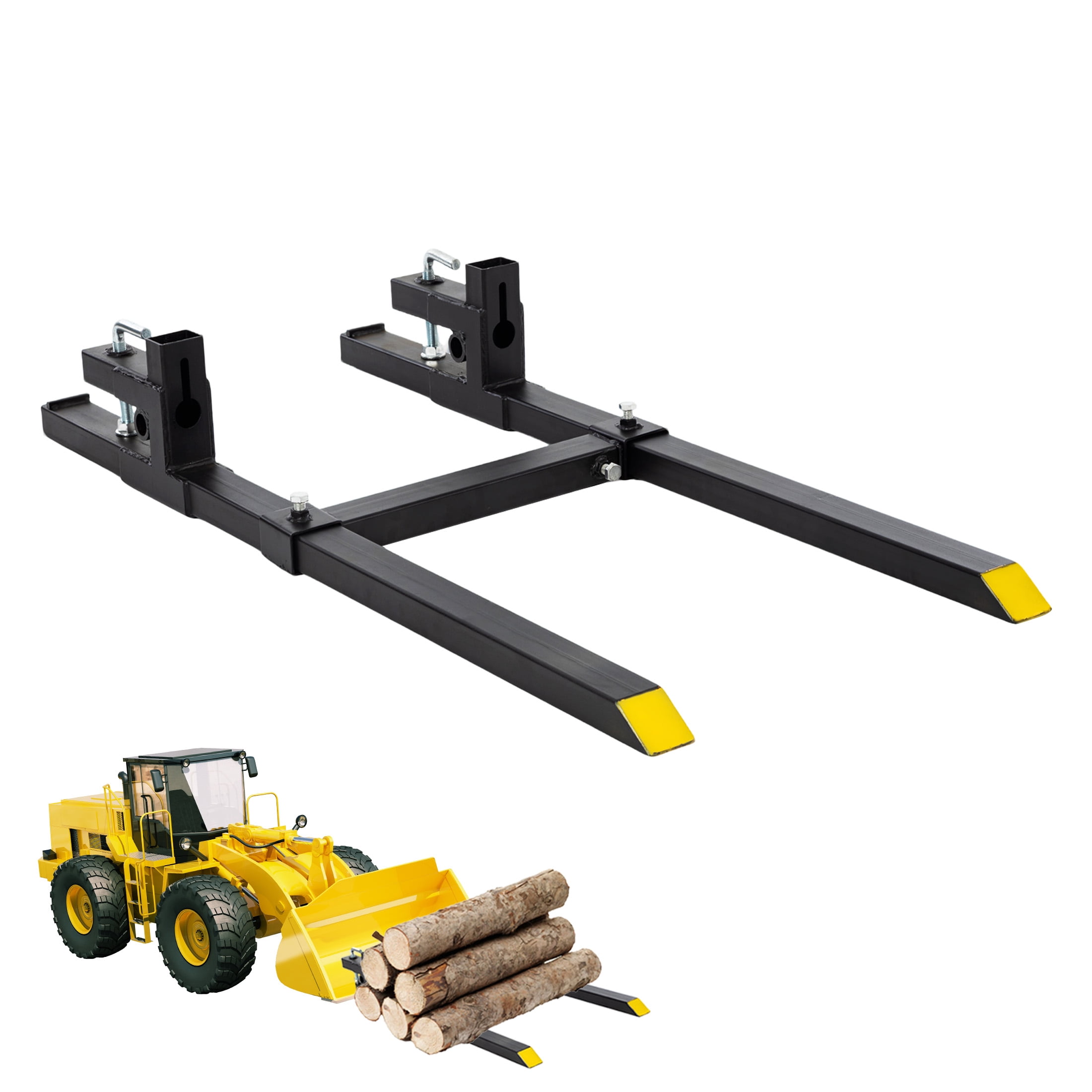 EDX 60" Clamp On Pallet Forks, Heavy Duty 2000lbs Quick Attach, Adjustable Stabilizer Bar for Tractor Attachments, Skid Steer & Loader Bucket