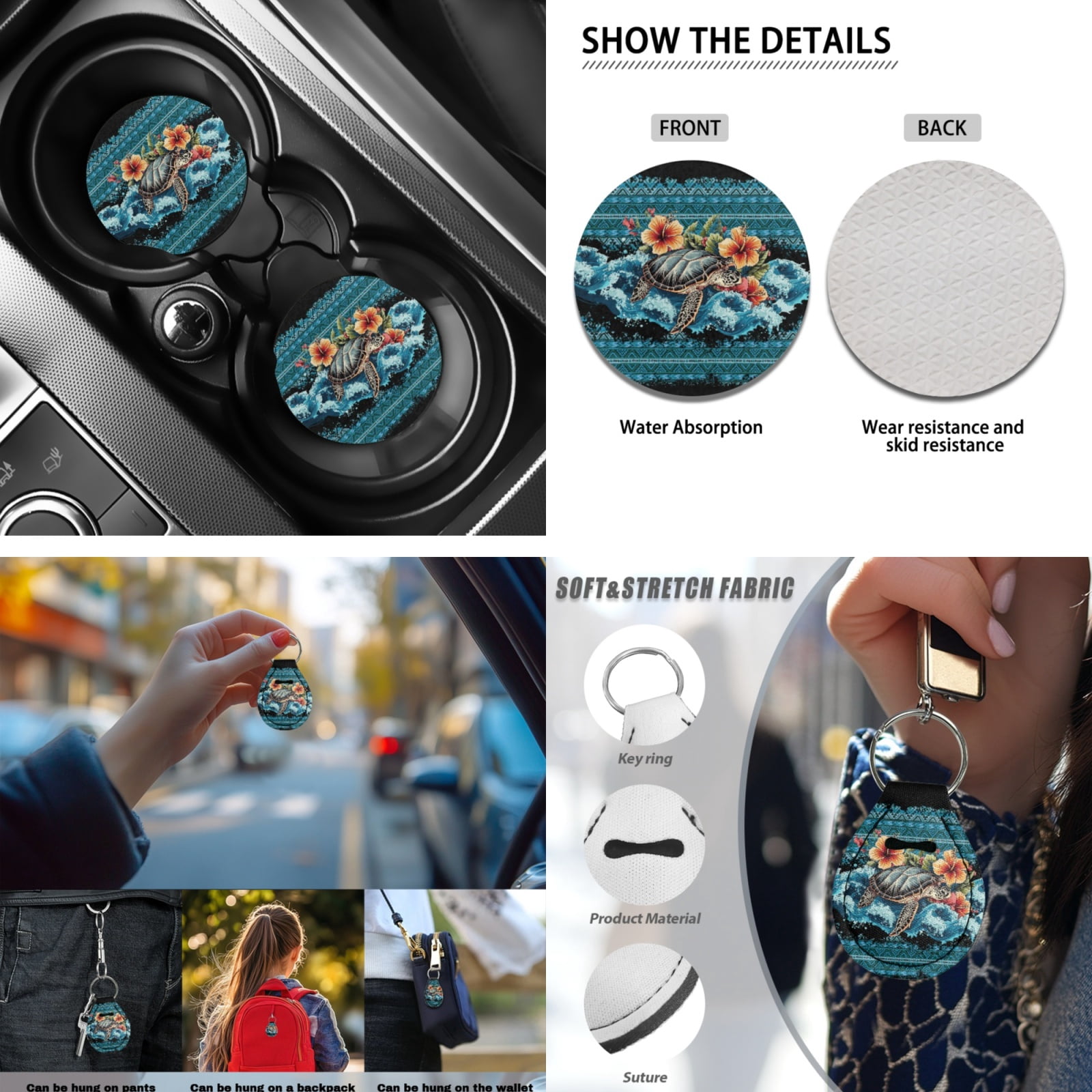 Yuyamidu Aztec Sea Turtle Car Seat Cover Set with Steering Wheel Cover Seat Belt Pad Cup Holder Hibiscus Auto Armrest Cover for Most Cars SUVs