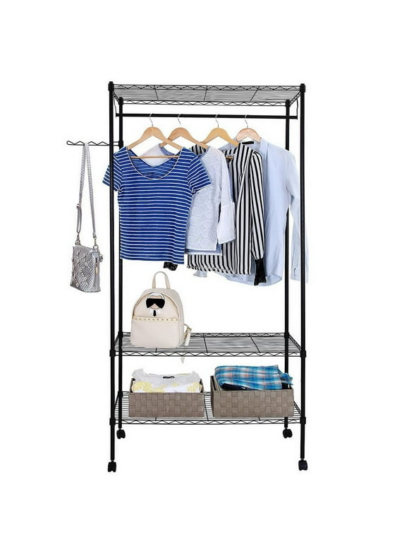 Ktaxon Portable Closet System 3-Tier Garment Rack Rolling Clothing Rack with Adjustable Shelves & Wheels Wardrobe Closet Storage Organizer Unit, Black