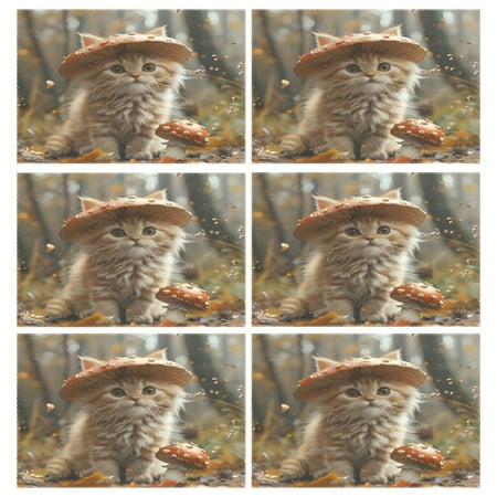 

Ryvnso Placemats Set of 6 Cute Cat Wear Mushroom Hat in Forest Dining Mats Heat-Resistant Non-Slip Washable Table Mat