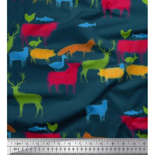 Soimoi Moss Georgette Fabric Birds & Animals Hand Drawn Printed Craft Fabric by the Yard 42 Inch Wide