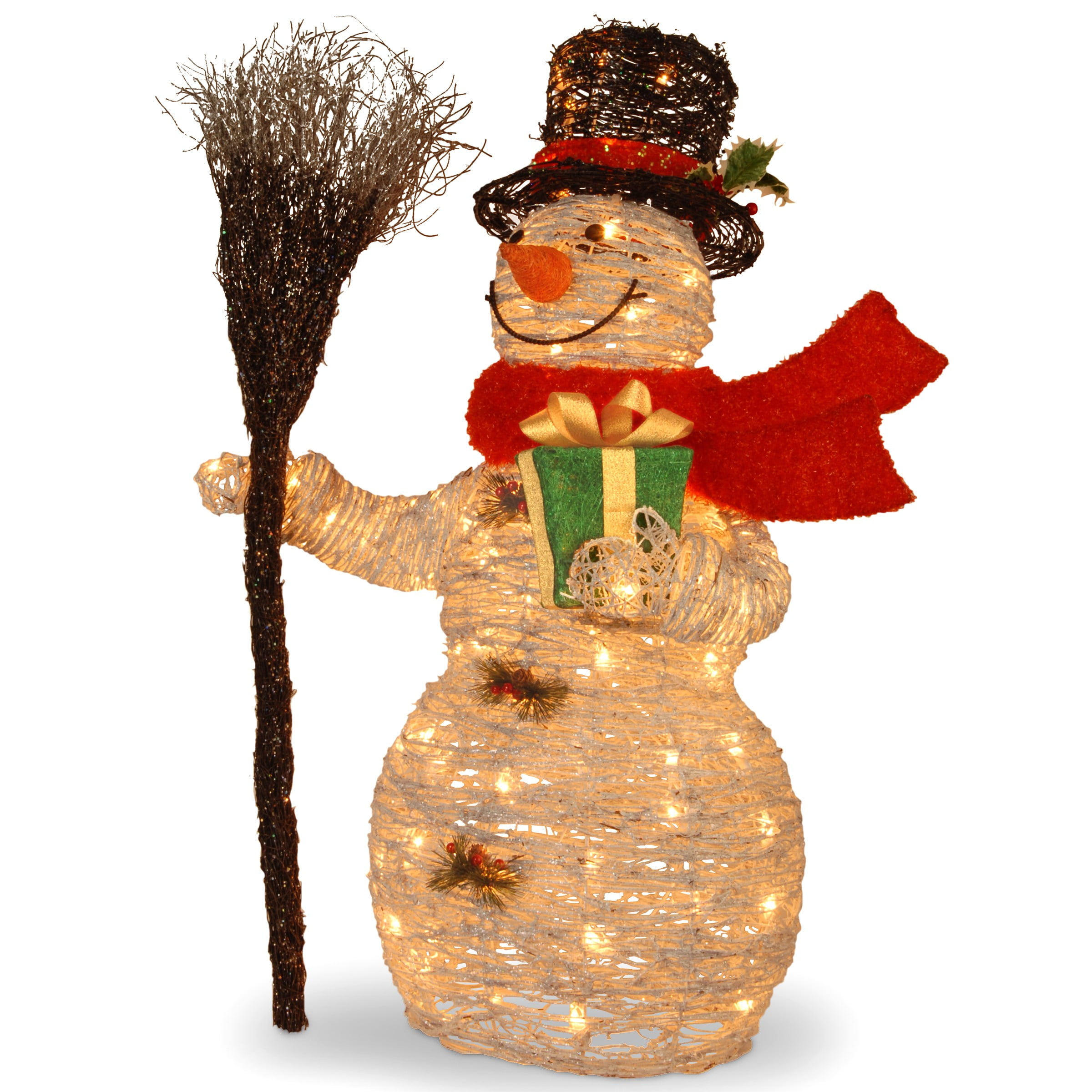 National Tree 35 White Rattan Snowman Holding Gift And Broom With 70 Clear Outdoor Lights Walmart Com Walmart Com