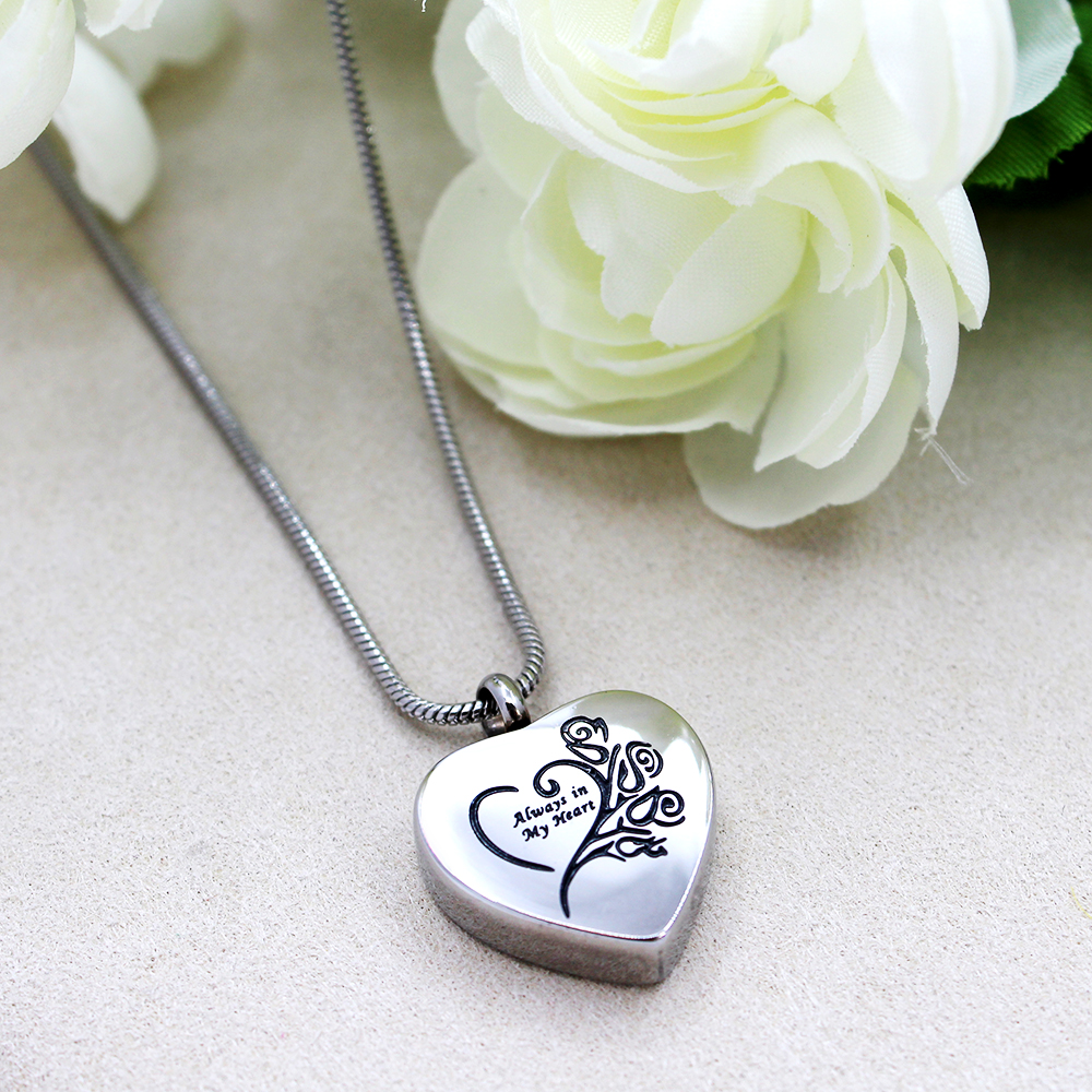 Always in My Heart Ashes Container Cremation Urn Neckalce Ashes Keepsake Memorial Jewelry with FREE Funnel Kit and Velvet Jewelry Box-[Silver Black]