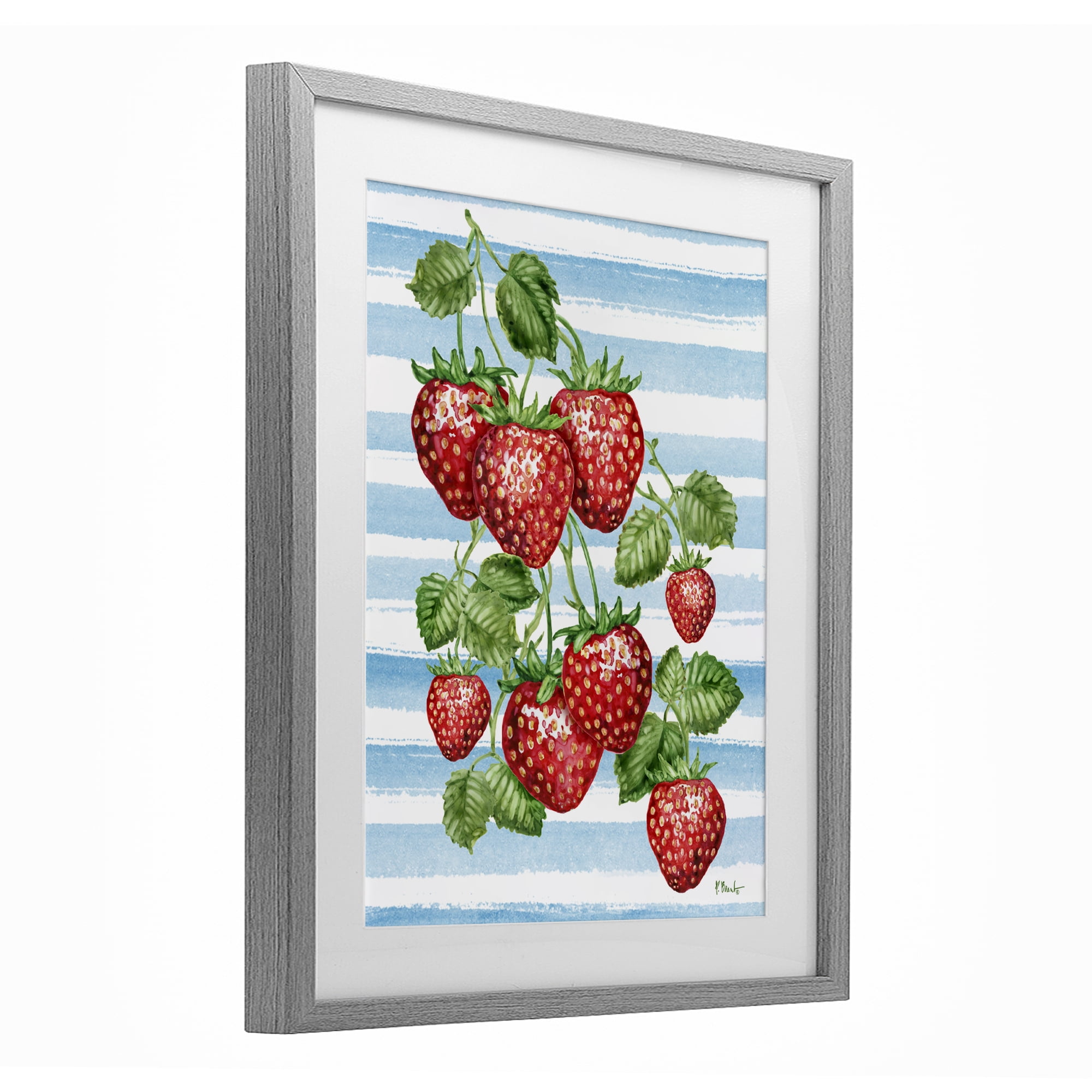 Stupell Industries Juicy Strawberry Vine on Stripes Gray Framed Print Under Glass, design by Paul Brent