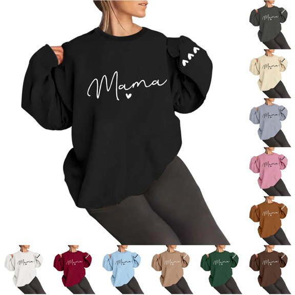 CAIVO Women MAMA Letter Print Crew Neck Long Sleeve Pullover Sweatshirt For Women Breathable Stretch Fall Tops