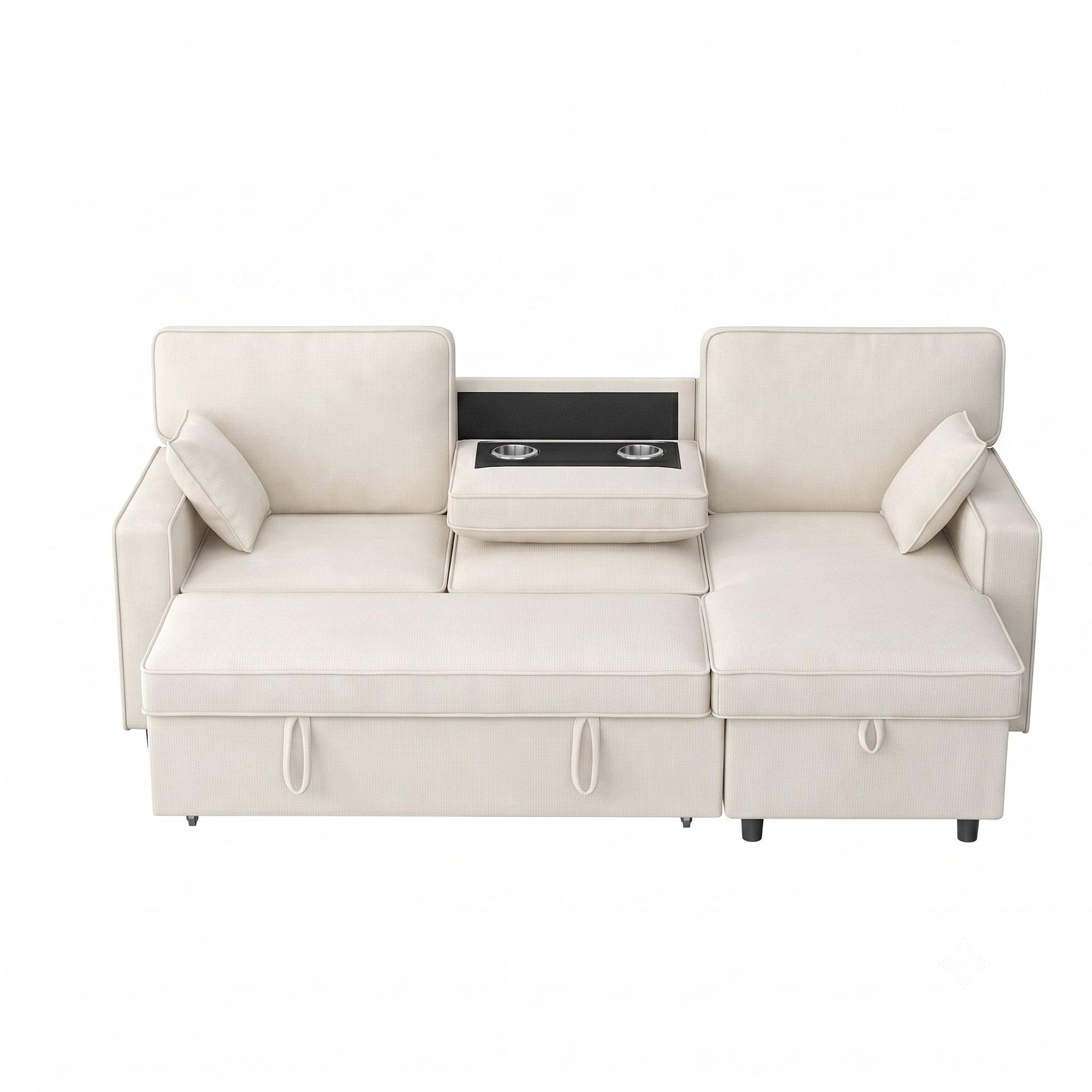 Sectional Sleeper Sofa,L Shaped Chenille Convertible Sofa Bed 89" 3 Seater with Flip-Down Center Console & USB Charging Ports,Pull Out Couch for Living Room Apartment Office,Beige