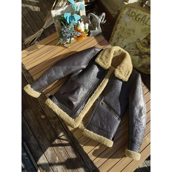 Dewclwide Men's Winter Fashion Coat Natural Real Sheepskin Shearling Leather Motorcyclist Jacket Thick Wool Liner Brown Plus Big Size XXXXXL 5XL,Brown,S