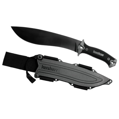 Kershaw Camp 10 (1077), Fixed Blade Camp Knife, 10-inch 65Mn Carbon Tool Steel, Basic Black Powdercoat, Full Tang Handle With Rubber Overmold, Dual Lanyard Holds, Includes Molded Sheath, 1LB.