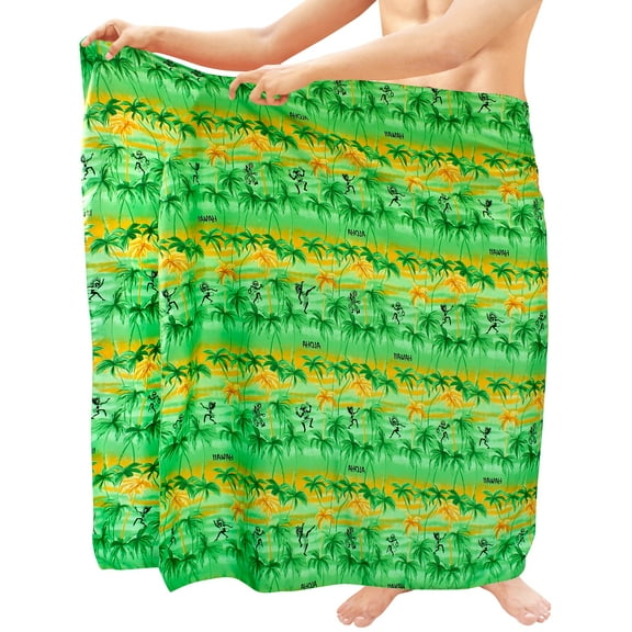 HAPPY BAY Men's Pareo Swim Trunk Vacation Sarong Beach Wrap One Size Shamrock Green, Palm Tree Summer Vacation Aloha