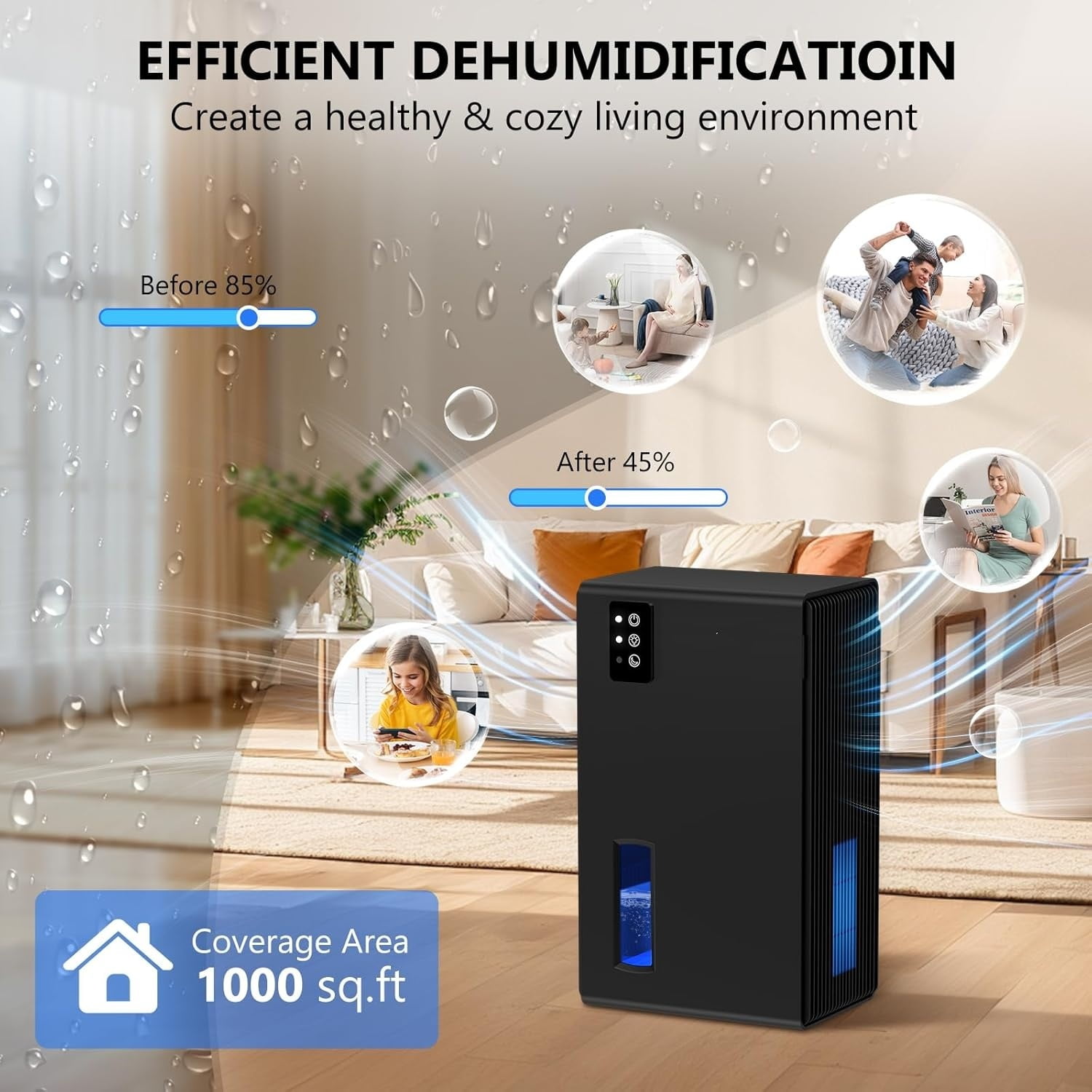 Dehumidifier,98 OZ Dehumidifiers for Home,(1100 sq.ft) Dehumidifiers for Basement Bathroom Bedroom with Auto Shut Off, Switchable 7 Colors Light(Black)