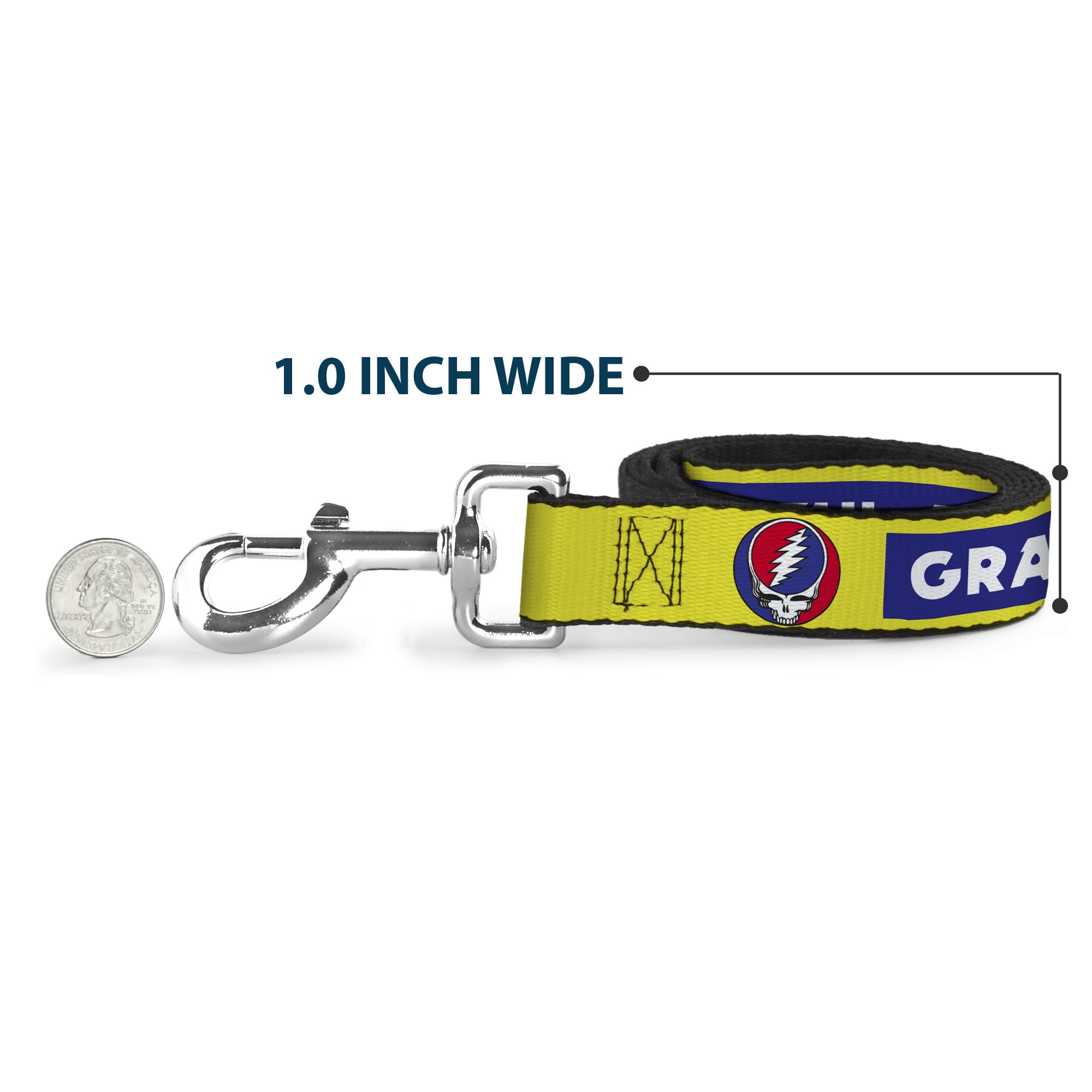 Grateful Dead Pet Leash, Dog Leash, Grateful Dead Text Box and Steal Your Face Logo Yellow/Blue, 6 Feet Long 1.0 Inch Wide