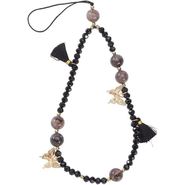 Abalorio para teléfono con forma de mariposa, cuentas acrílicas negras, cordón para teléfono móvil, correa de muñeca, llavero hecho a mano, pulsera, correa