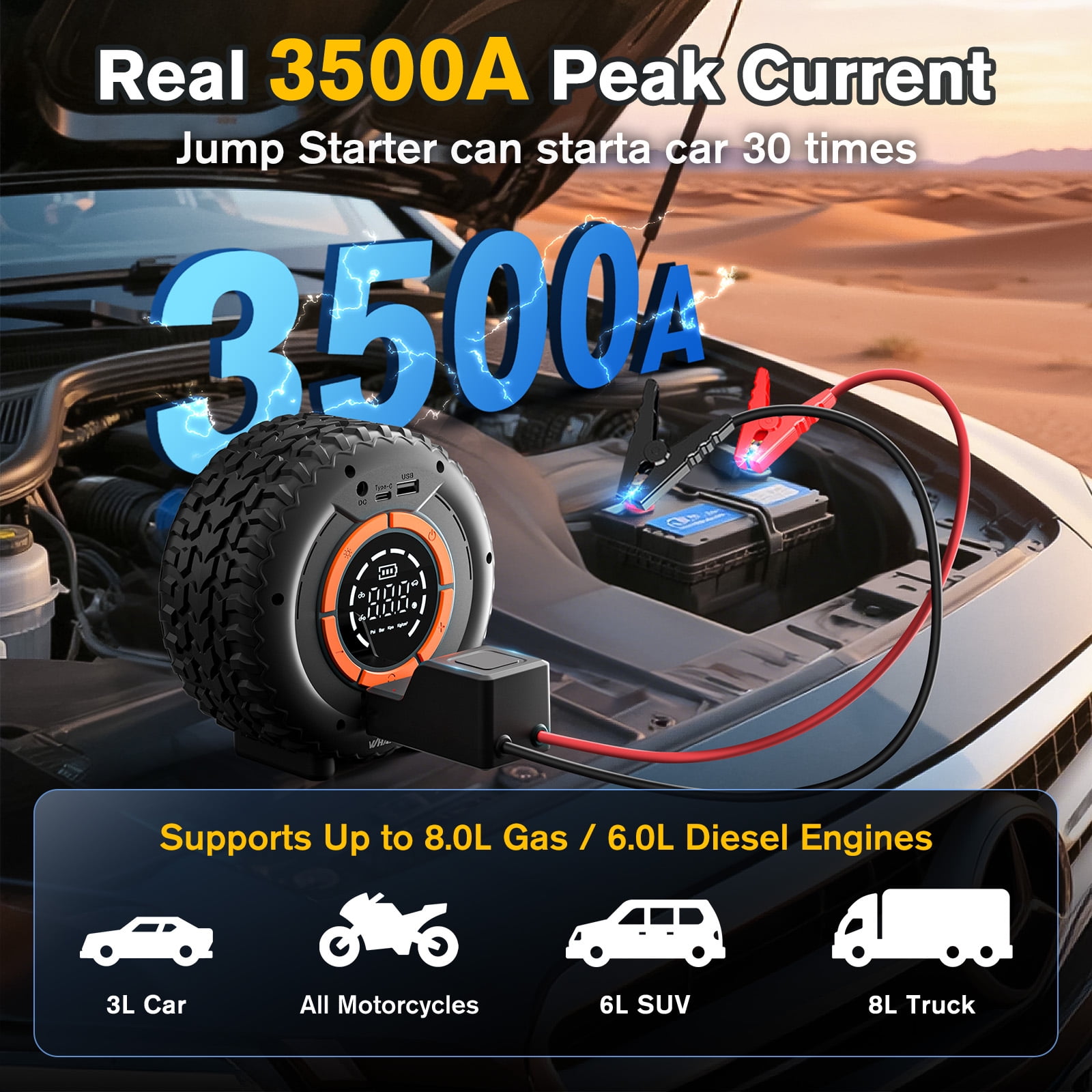 Portable Jump Starter with Air Compressor , 3500A 12V Car Battery Booster  (Petrol/10L Diesel),150PSI, LCD, Emergency Light