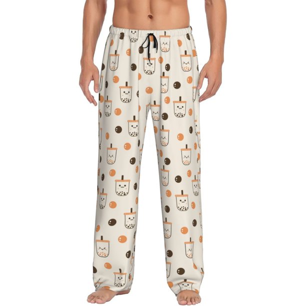 Fotbe Milk Tea Pantalones de Pijama para Hombre, Pantalones de Dormir, Pantalones de Casa con Cintura Ajustable y Bolsillos-Small