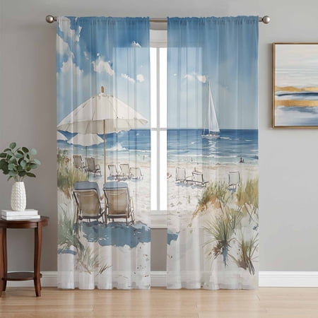Coastal Beach Wave Sheer Curtains 63 Inch Length 2 Panels Set Summer Ocean Abstract Oil Painting Art Voile Window Treatment Curtains Sheers Drapes for Bedroom/Living Room/Kitchen 52x 63 x2