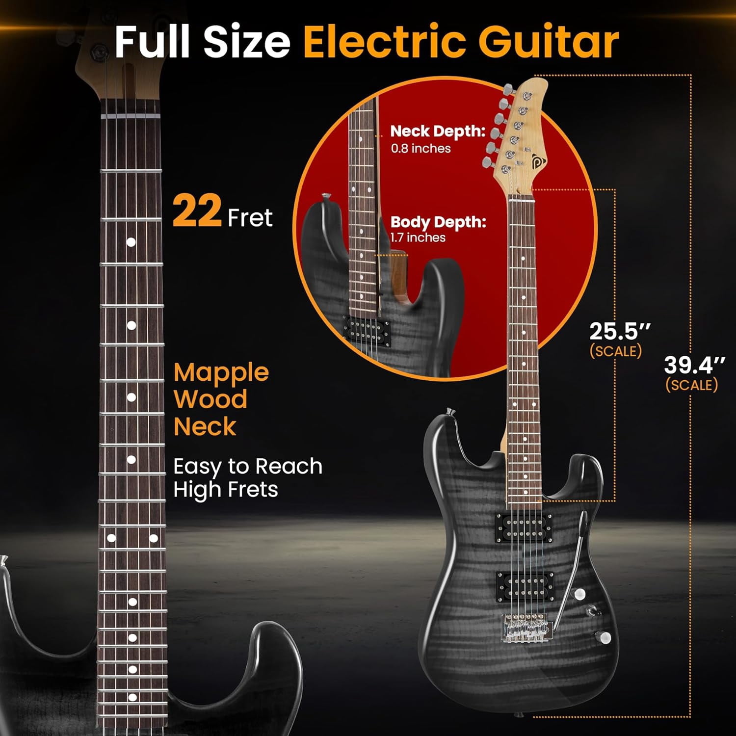 Pyle Electric Guitar Kit with Amp for Beginners – Full Size 39” Guitar, Humbucker Pickups, Rock Amplifier Starter Set for Kids, Youth & Adults
