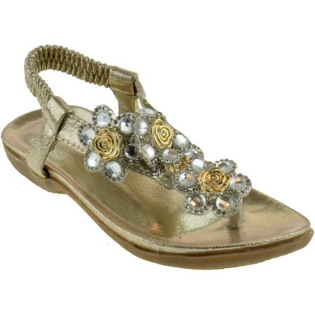 

Crab 1717KM Little Girls Gladiator Floral Rhinestone Comfort Flat Sandals Gold 11