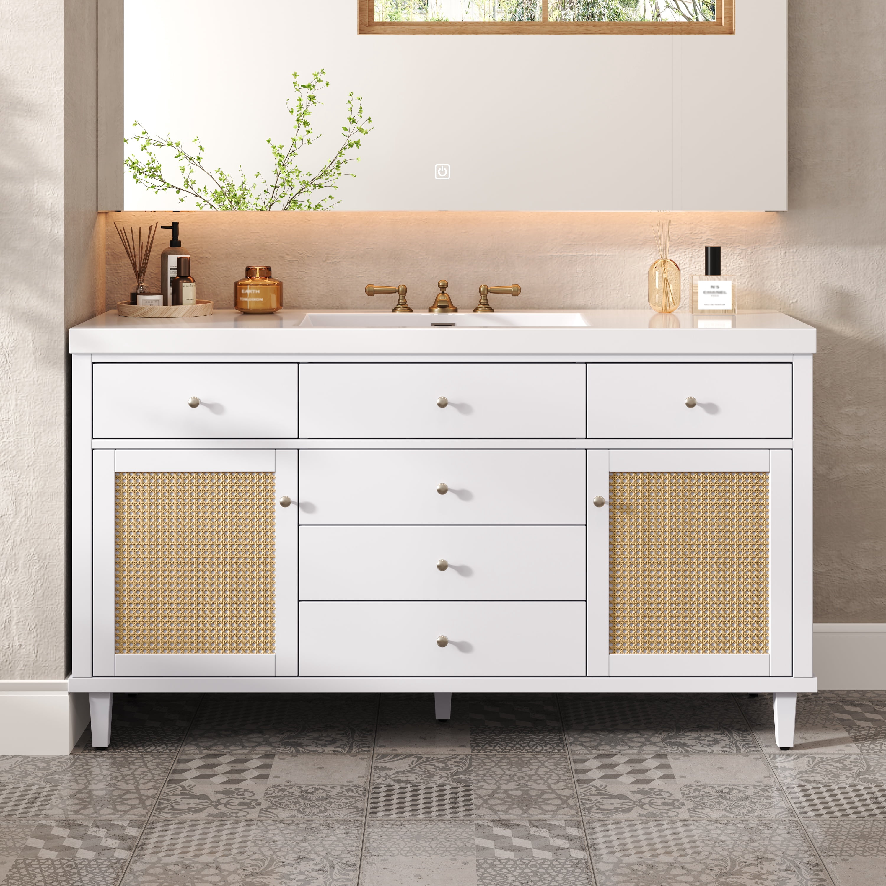 Euroco 60" Bathroom Vanity with SMC Sink, Modern Large Storage Bathroom Storage Cabinet with Soft Close Drawers and Rattan Doors, Silver Metal Knobs and 5 Pine Legs, White