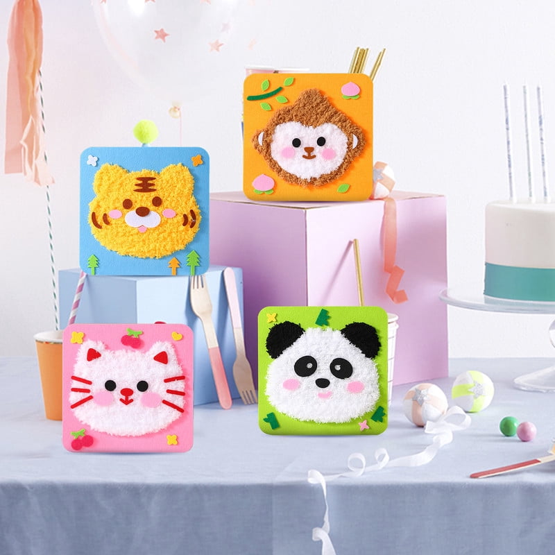 DIY Embroidery Doll Set, 4pcs Cute Cartoon Animal Sewing Craft Kit Sewing Projects Yarn Board (Panda + Cat + Tiger + Monkey)