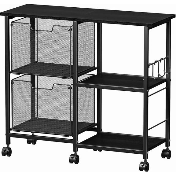 2 Drawer File Cabinet, Lateral Filing Cabinet, Rolling Printer Cabinet Cart with Open Storage Shelf, Office Storage with Wheels, Home Furniture, Black