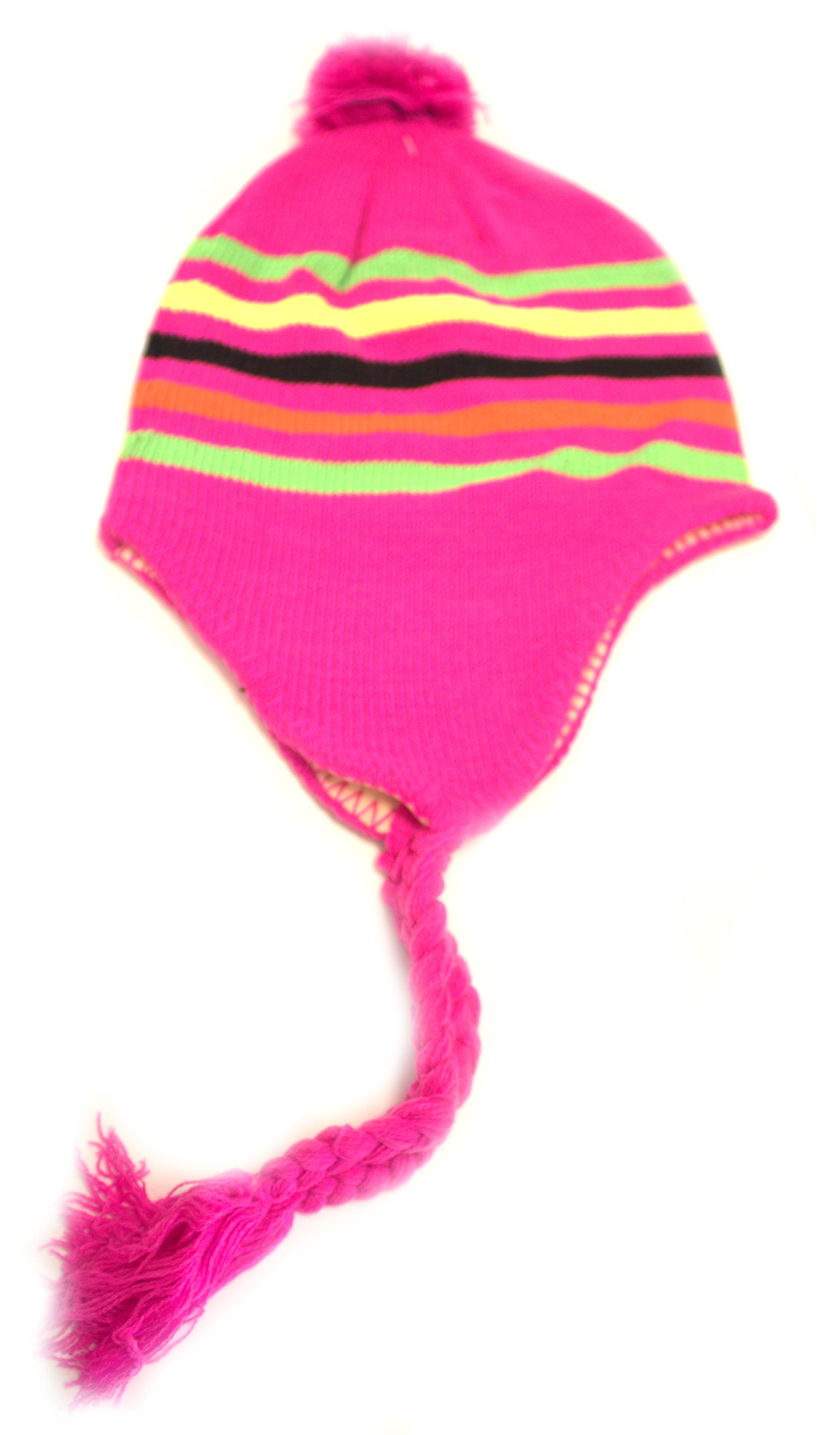 Neon Pink Striped Tassel Pom Beanie 