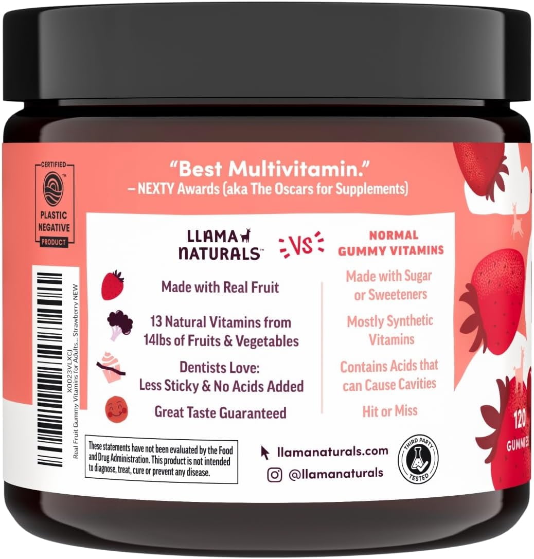 Llama Naturals Multivitamin for Women & Men, Vegan, Organic Gummies with Vitamin D, C & K, Adults Real Fruit Gummy Vitamins, Chewable Multivitamin Supplement, No Added Sugar Cane, Strawberry, 120 Ct