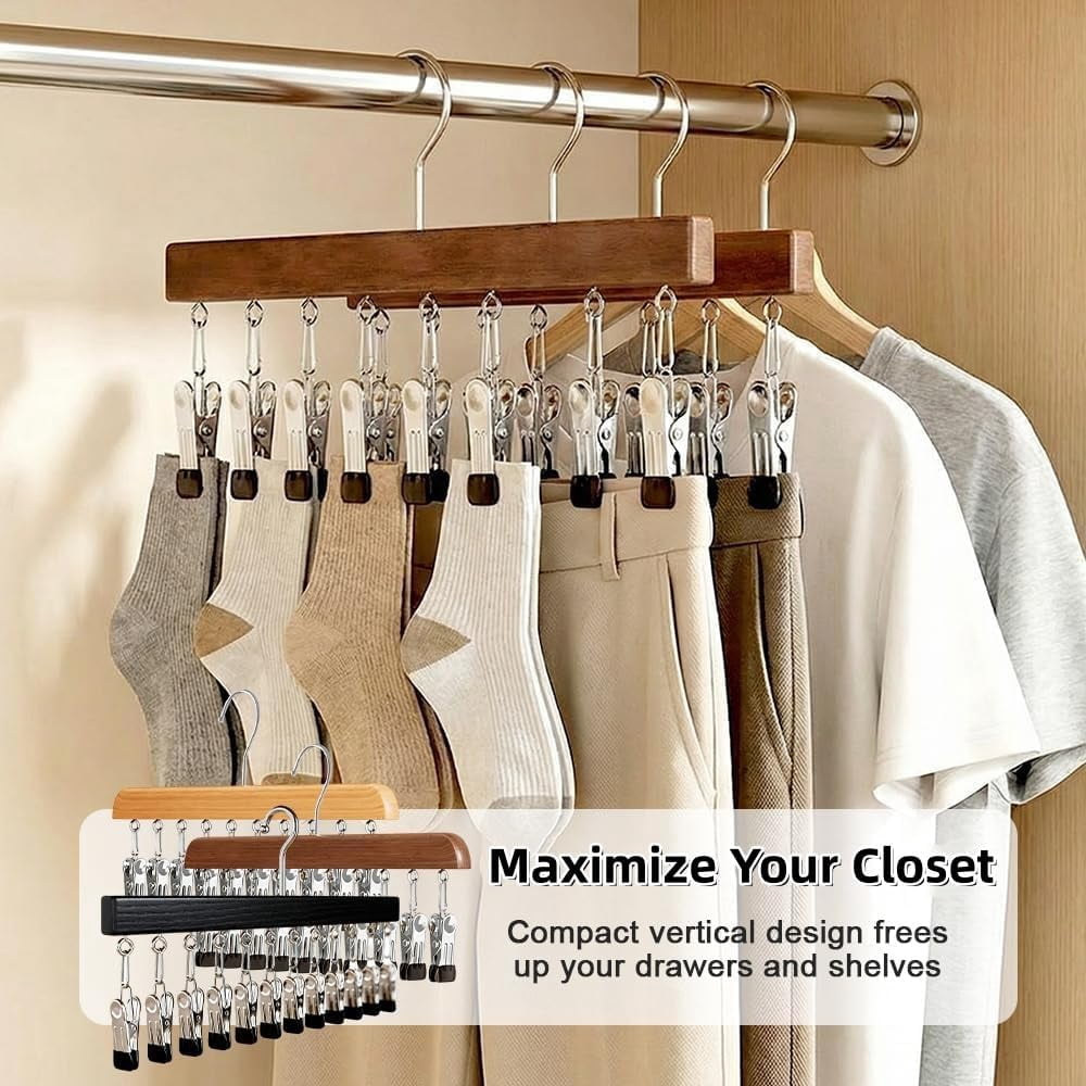 2026 New Pure Wood Rotating Closet Organizer with 12 Clips - Vertical Space Saver & Wrinkle-Free Storage Solution, Multi-Layer Solid Wood Rotating Hanger, for Jeans Leggings Skirts Hats (5, Nature)