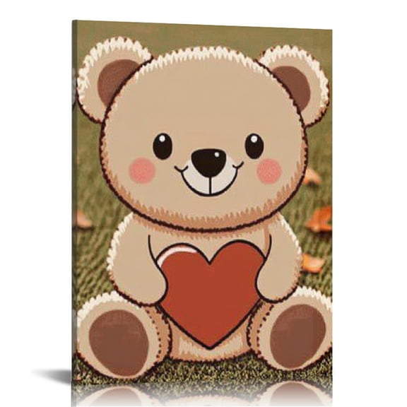 Patifu Teddy Bear Heart Brown Canvas Prints Wall Art Home Decor 12x16 in