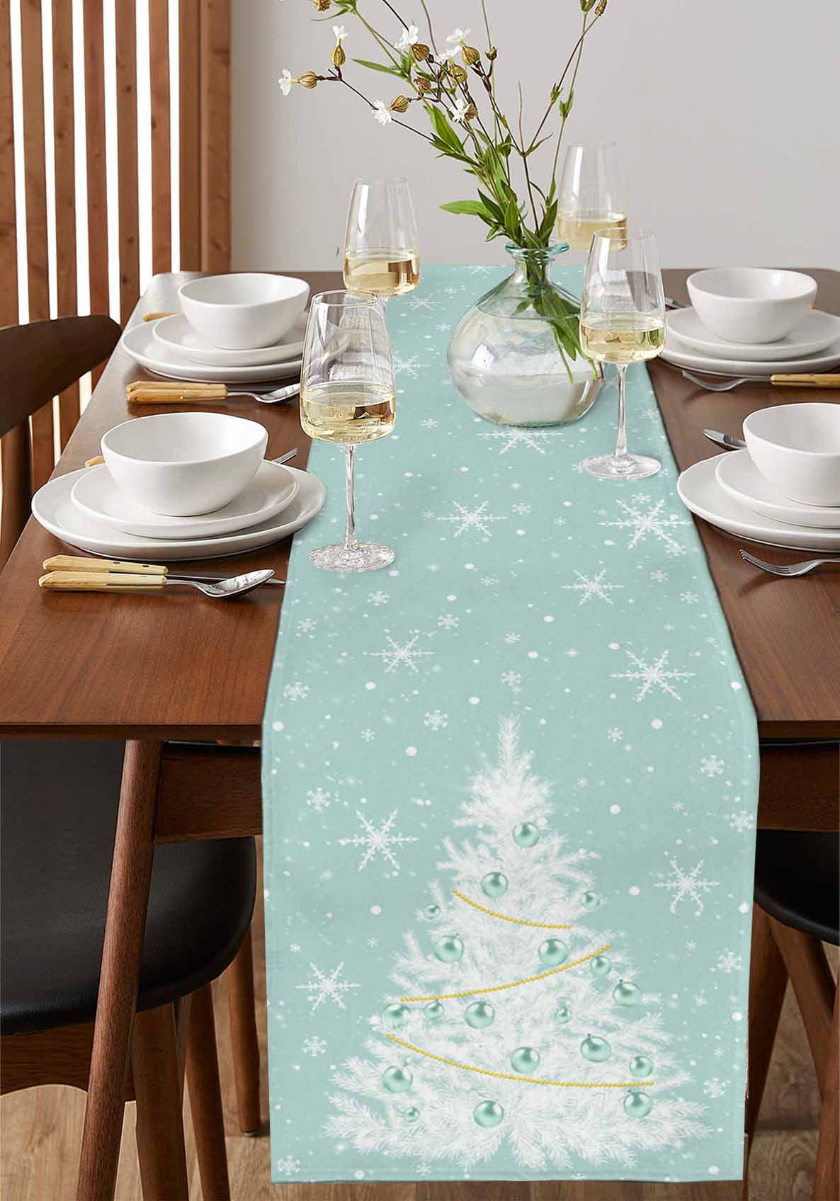 Ldtrchee Teal Green Christmas Tree Table Runner 90 Inches, Balls Snowflake Xmas Tree Bed Runner Dresser Scarves Tabletop for Indoor Outdoor Parties/Ceremony/Banquet, 13" x 90"