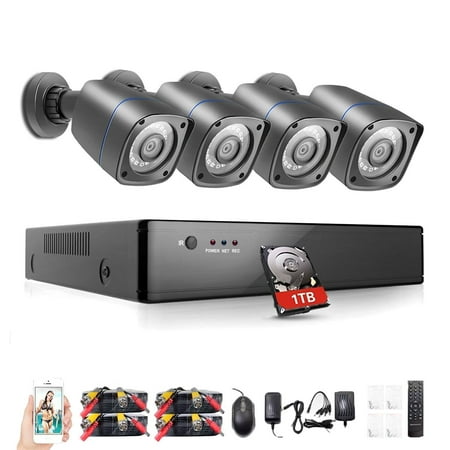 Rraycom 4Channel 1080H DVR 2000TVL 720P HD Outdoor Home Security Surveillance Camera System with 1TB Hard