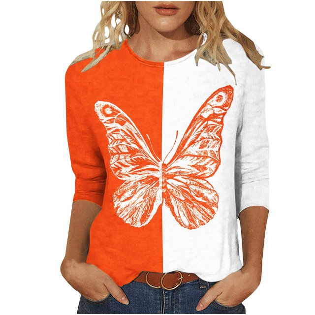 Hauts à Manches 3/4 pour Femmes Mode Féminine T-Shirt Imprimé Ample Blouse Mi-Longue à Manches 3/4 Col Rond Hauts Décontractés T-Shirts en Coton pour Femmes T-Shirts pour Femmes Mode
