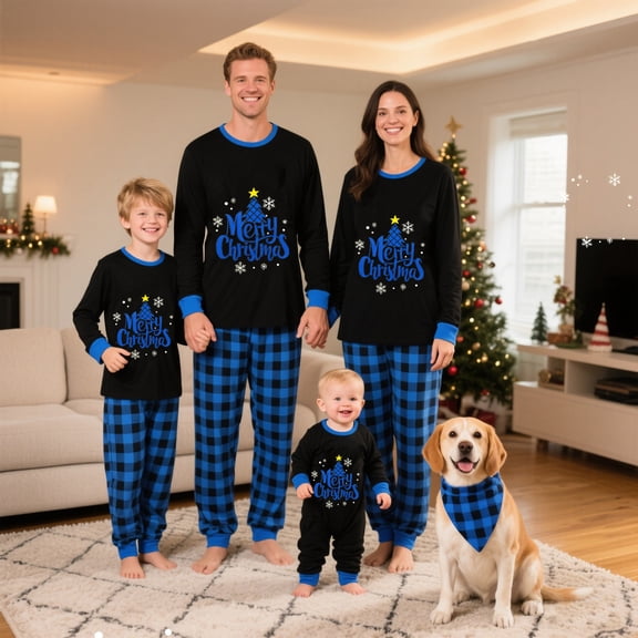 Matching Christmas Pajamas for Family Long Sleeve Star Tree Print Tops Plaid Pants Set Loungewear