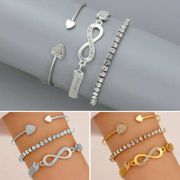 Eosunjian 3 Pcs/Set Rhinestone Cuff Bracelets Heart Open Bracelet Jewelry Retro Lucky Stack Bracelets for Women Adjustable Dainty Bracelet Gifts Silver
