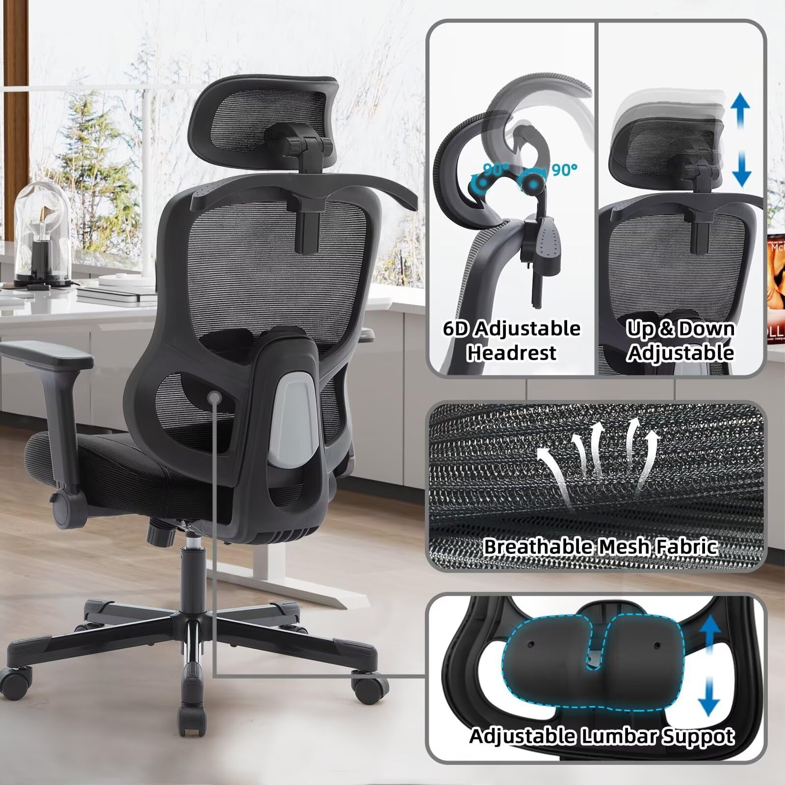 Frelaxbone Adult Mesh High Back Indoor Residential Adjustable Armrest Office Chairs, Caster, Black
