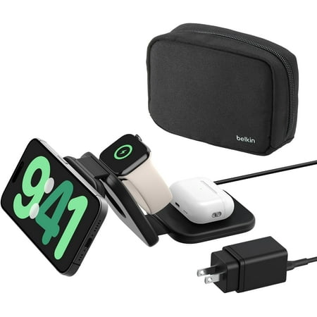 Belkin MagSafe Charger Compatible 3-in-1 Magnetic Charging Travel Pad 15W-BoostCharge Pro Foldable Qi2-Certified Wireless Charger, MagSafe-Compatible Charger for iPhone, Apple Watch, AirPods